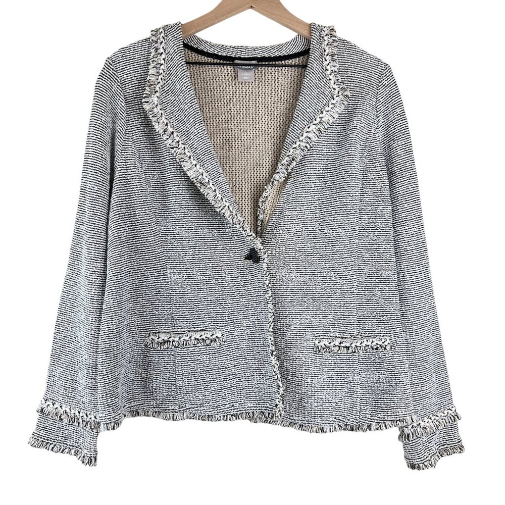 Chicos Black White Structured Pocket Cardigan Sweater Blazer